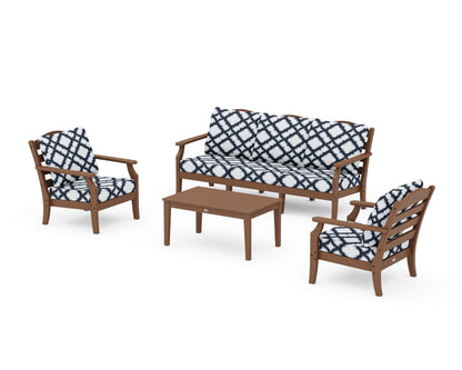 Draper James™ by  POLYWOOD® Savannah 4-Piece Deep Seating Set with Sofa in Teak / Trellis Marine Indigo