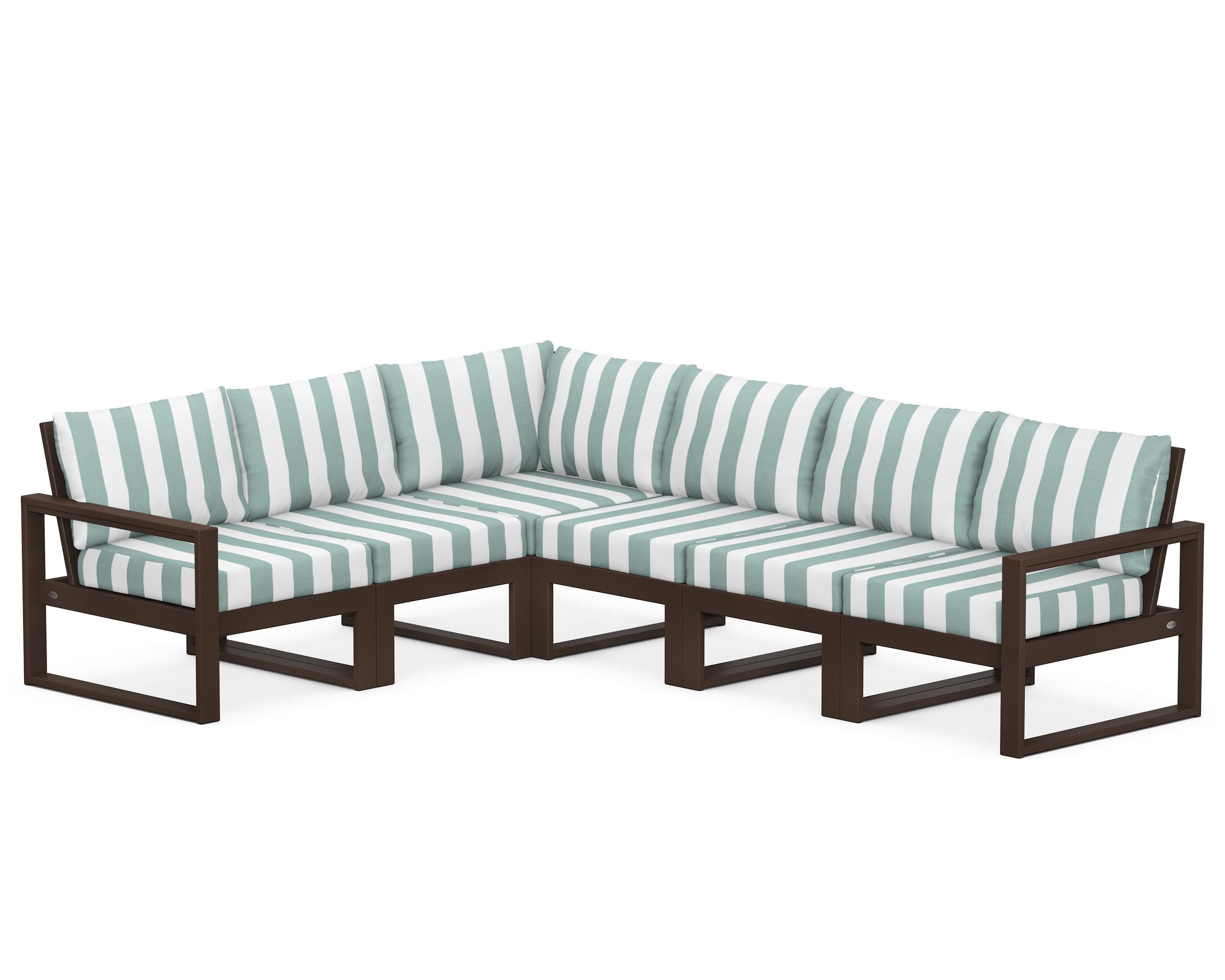 POLYWOOD® EDGE 6-Piece Modular Deep Seating Set in Mahogany / Cabana Stripe Glacier Spa