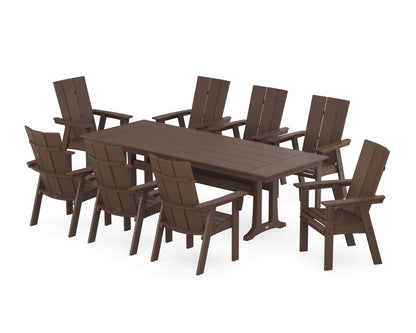 POLYWOOD® Modern Curveback Adirondack 9-Piece Farmhouse Dining Set with Trestle Legs in Mahogany
