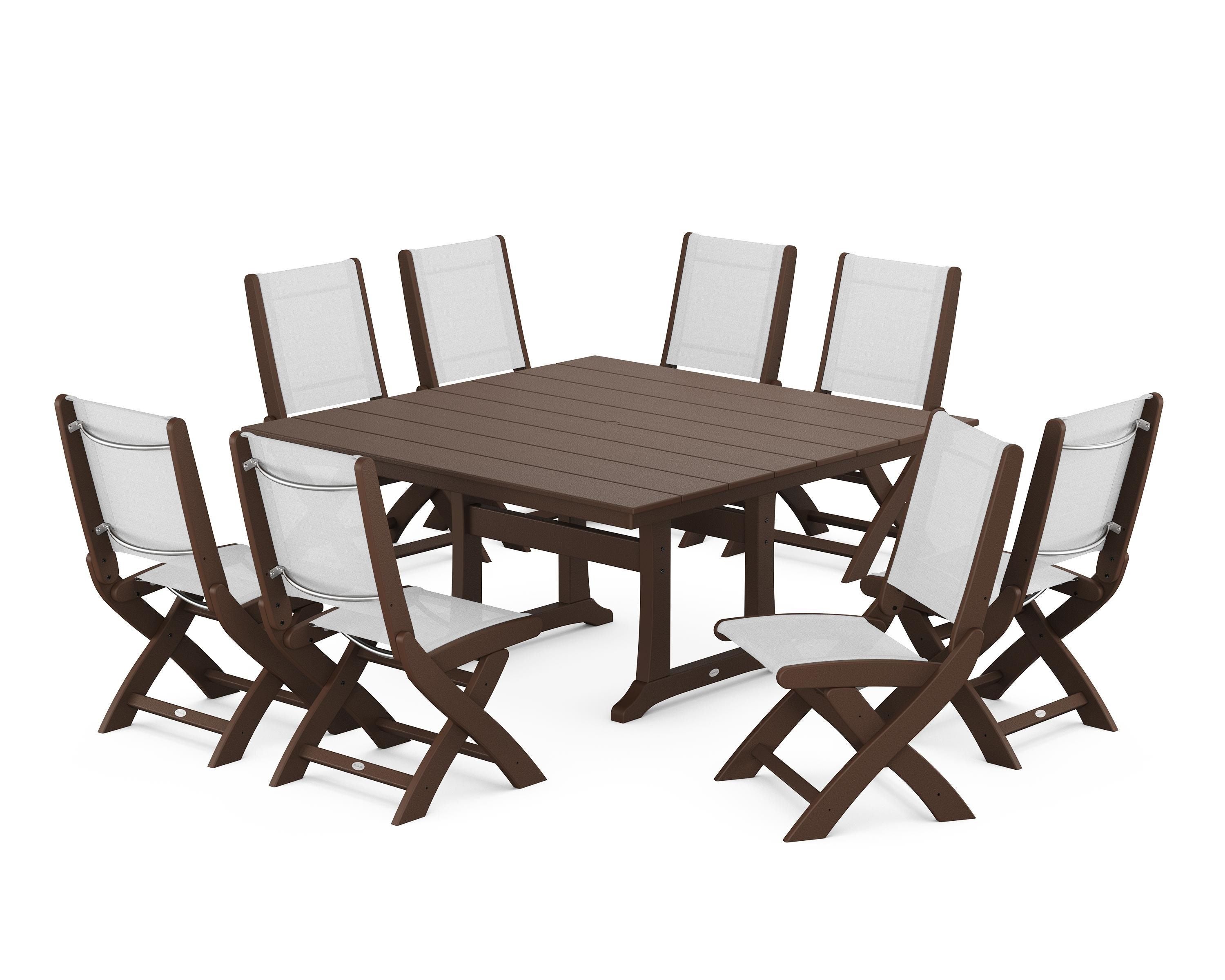 POLYWOOD® Coastal Folding Side Chair 9-Piece Farmhouse Dining Set in Mahogany / White Sling