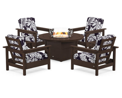 POLYWOOD® Club 5-Piece Conversation Set with Fire Pit Table in Mahogany / Leaf Navy