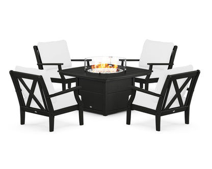 POLYWOOD® Braxton 5-Piece Deep Seating Conversation Set with Fire Pit Table in Black / Natural