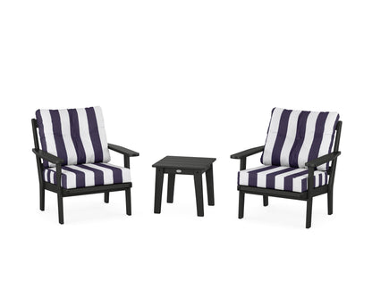 POLYWOOD® Oxford 3-Piece Deep Seating Set in Black / Cabana Stripe Navy