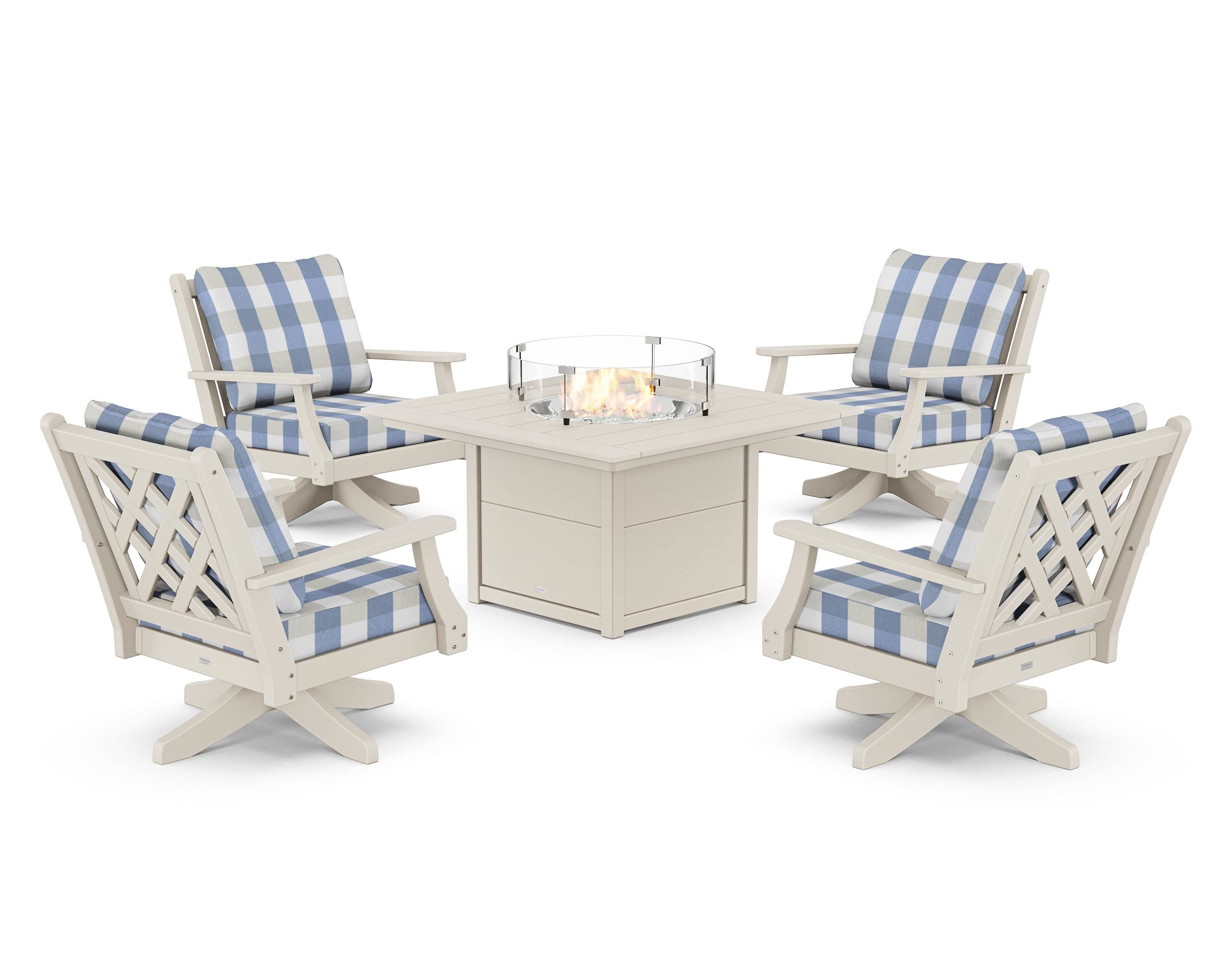 Country Living Wovendale 5-Piece Deep Seating Swivel Conversation Set with Fire Pit Table in Sand / Buffalo Plaid Sky Blue