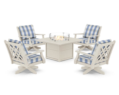 Country Living Wovendale 5-Piece Deep Seating Swivel Conversation Set with Fire Pit Table in Sand / Buffalo Plaid Sky Blue