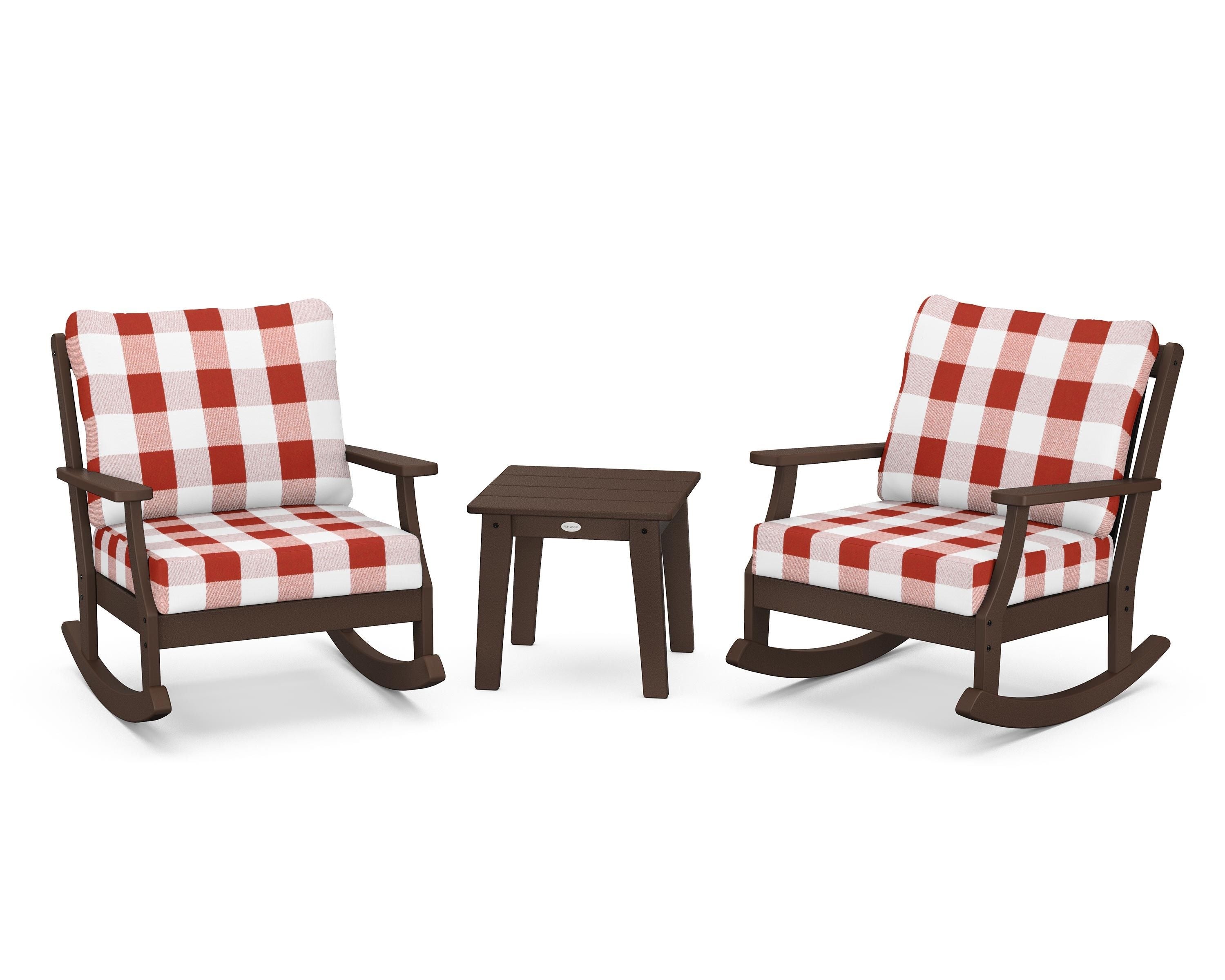 POLYWOOD® Braxton 3-Piece Deep Seating Rocker Set in Mahogany / Buffalo Plaid Crimson