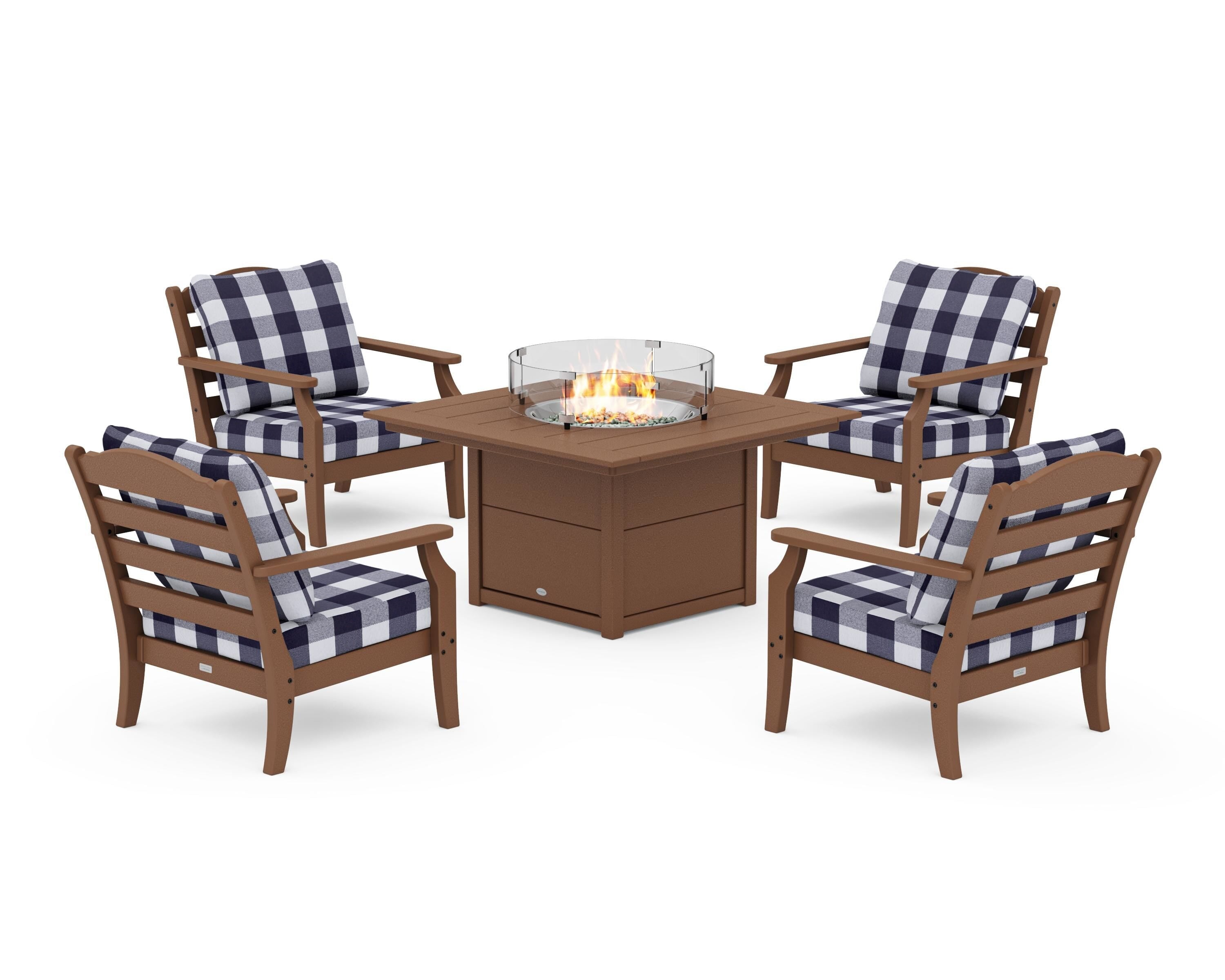 Draper James™ by  POLYWOOD® Savannah 5-Piece Deep Seating Set with Fire Pit Table in Teak / Buffalo Plaid Navy