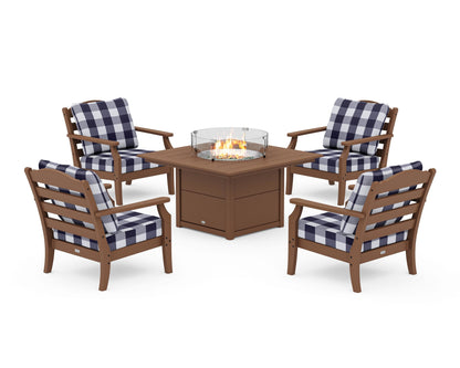 Draper James™ by  POLYWOOD® Savannah 5-Piece Deep Seating Set with Fire Pit Table in Teak / Buffalo Plaid Navy