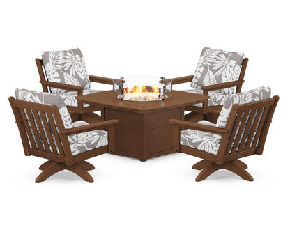 POLYWOOD® Vineyard 5-Piece Deep Seating Swivel Conversation Set with Fire Pit Table in Teak / Leaf Grey Mist