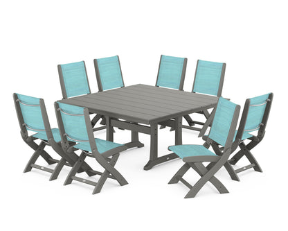 POLYWOOD® Coastal Folding Side Chair 9-Piece Farmhouse Dining Set in Slate Grey / Dupioni Aquamarine Sling