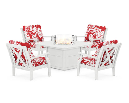 POLYWOOD® Braxton 5-Piece Deep Seating Conversation Set with Fire Pit Table in White / Leaf Crimson