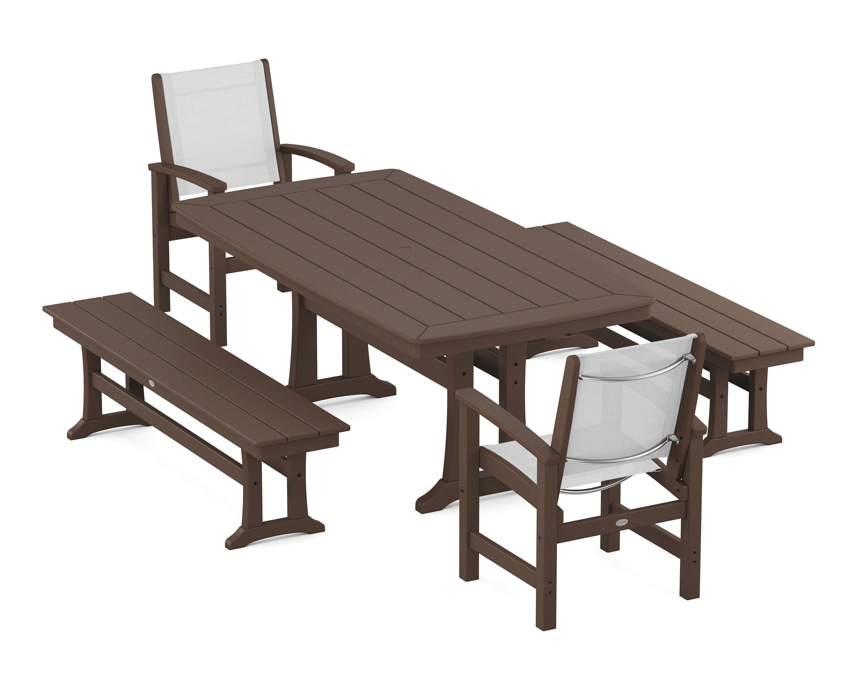 POLYWOOD® Coastal 5-Piece Dining Set with Trestle Legs and Benches in Mahogany / White Sling