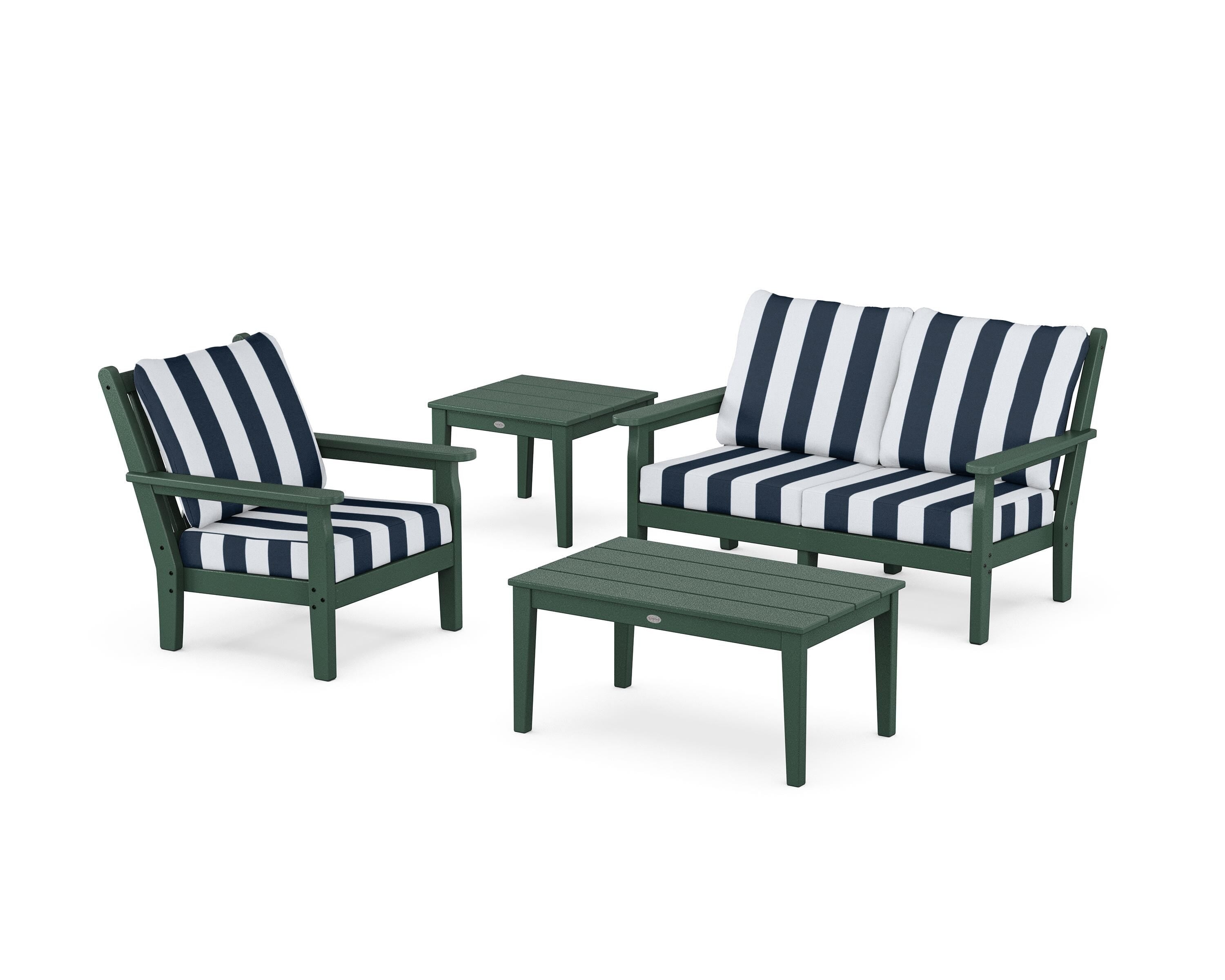 POLYWOOD® Chippendale 4-Piece Deep Seating Set in Green / Cabana Stripe Marine Indigo