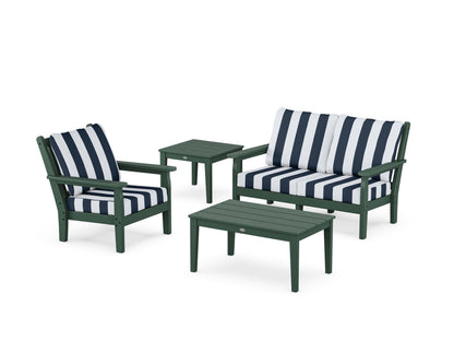 POLYWOOD® Chippendale 4-Piece Deep Seating Set in Green / Cabana Stripe Marine Indigo