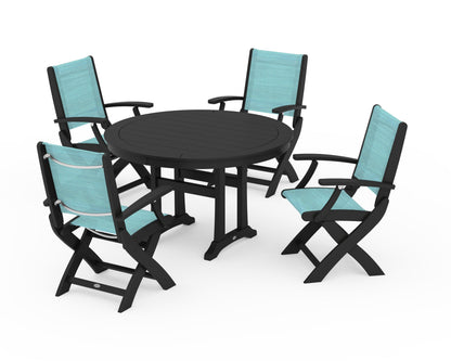 POLYWOOD® Coastal Folding Chair 5-Piece Round Dining Set with Trestle Legs in Black / Dupioni Aquamarine Sling