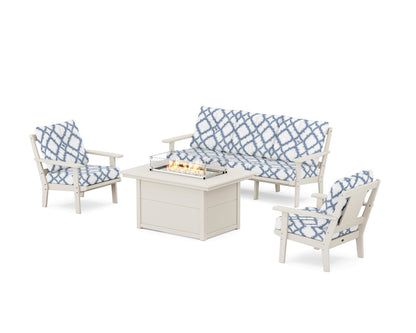 POLYWOOD® Prairie Deep Seating Fire Pit Table Set in Sand / Trellis Sky Blue