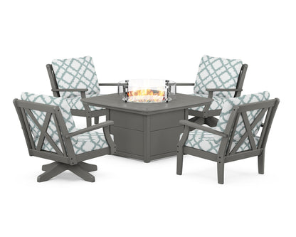 POLYWOOD® Braxton 5-Piece Deep Seating Set with Fire Table in Slate Grey / Trellis Glacier Spa
