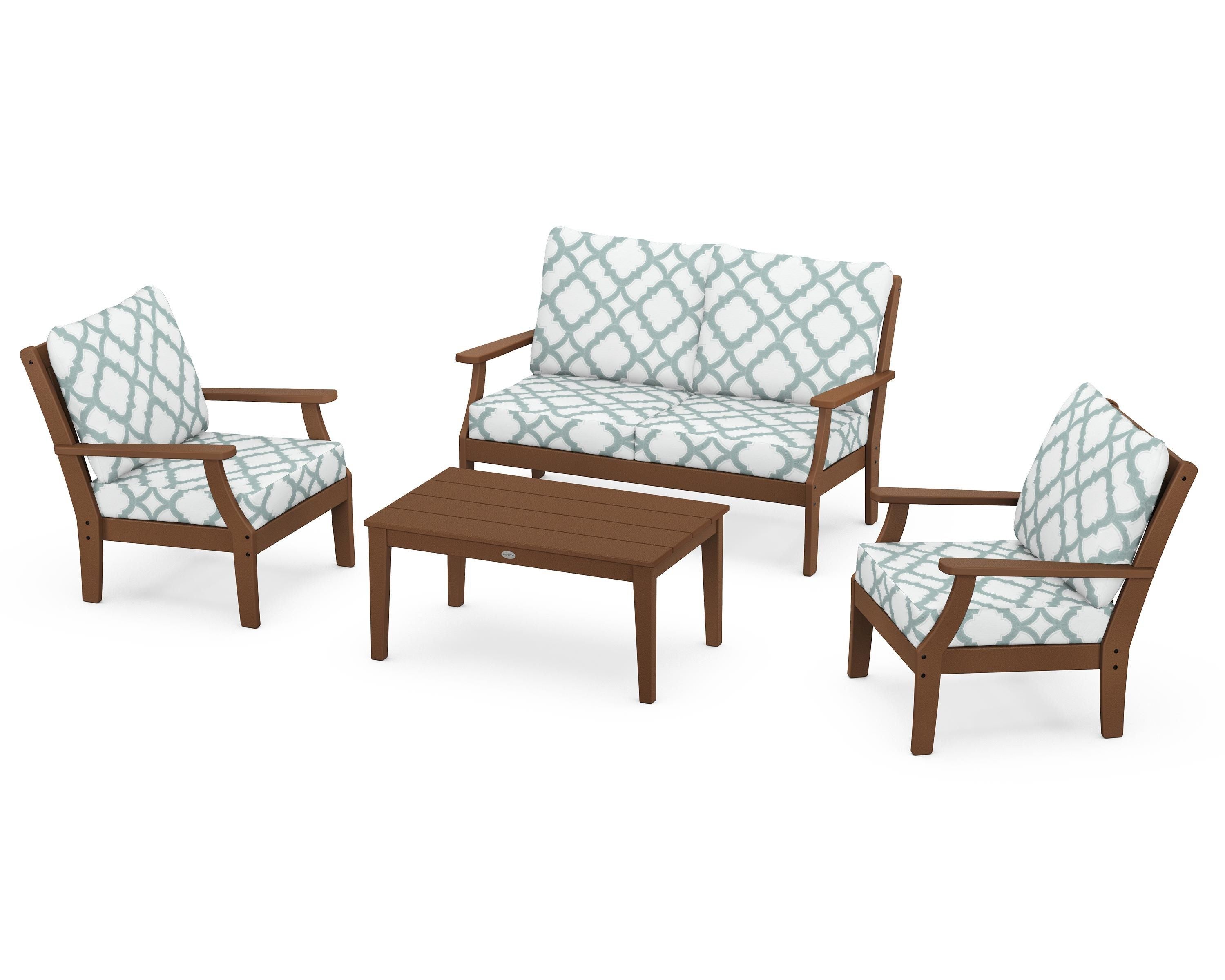 POLYWOOD® Braxton 4-Piece Deep Seating Chair Set in Teak / Trellis Glacier Spa
