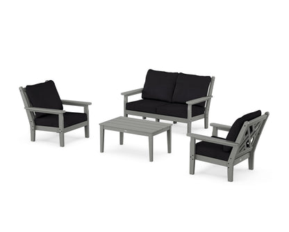 POLYWOOD® Chippendale 4-Piece Deep Seating Set with Loveseat in Slate Grey / Midnight Linen