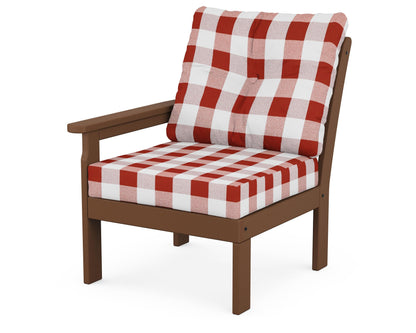 POLYWOOD® Vineyard Modular Left Arm Chair in Teak / Buffalo Plaid Crimson