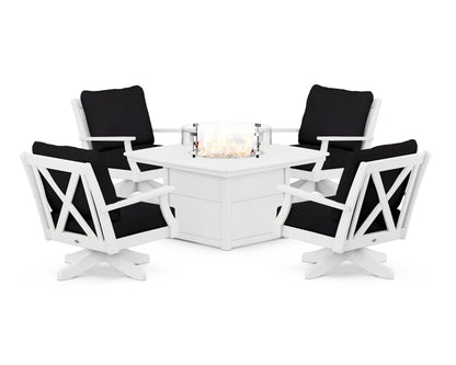 POLYWOOD® Braxton 5-Piece Deep Seating Swivel Conversation Set with Fire Pit Table in White / Midnight Linen