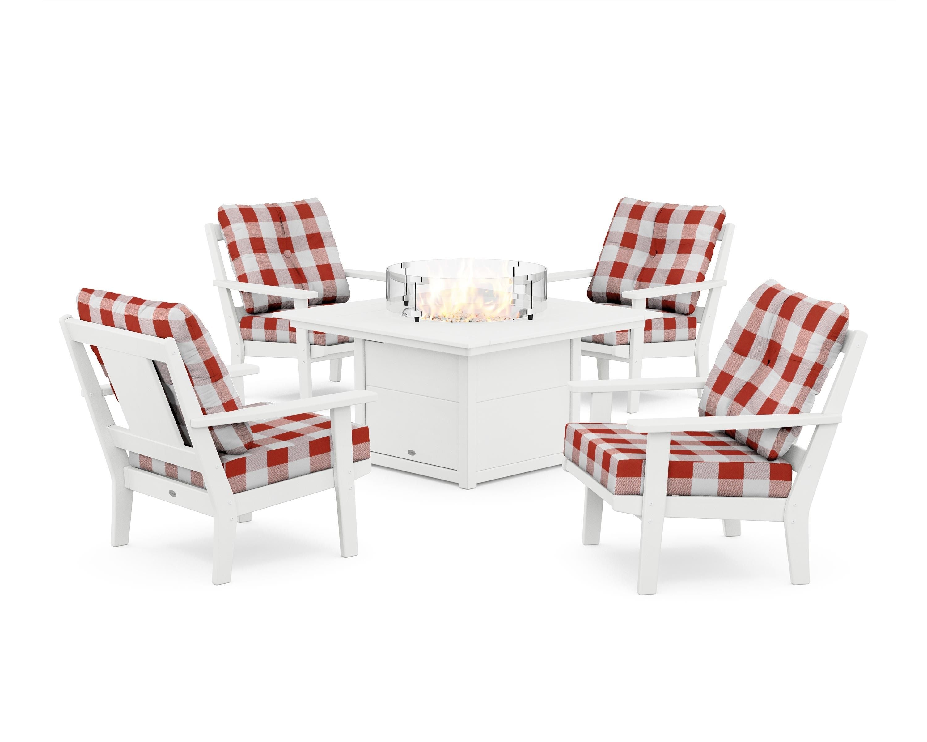 POLYWOOD® Prairie 5-Piece Deep Seating Set with Fire Pit Table in White / Buffalo Plaid Crimson