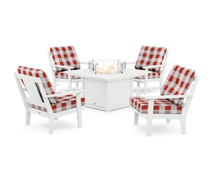 POLYWOOD® Prairie 5-Piece Deep Seating Set with Fire Pit Table in White / Buffalo Plaid Crimson