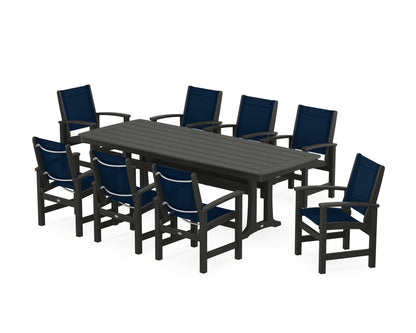 POLYWOOD® Coastal 9-Piece Dining Set with Trestle Legs in Black / Navy Blue Sling
