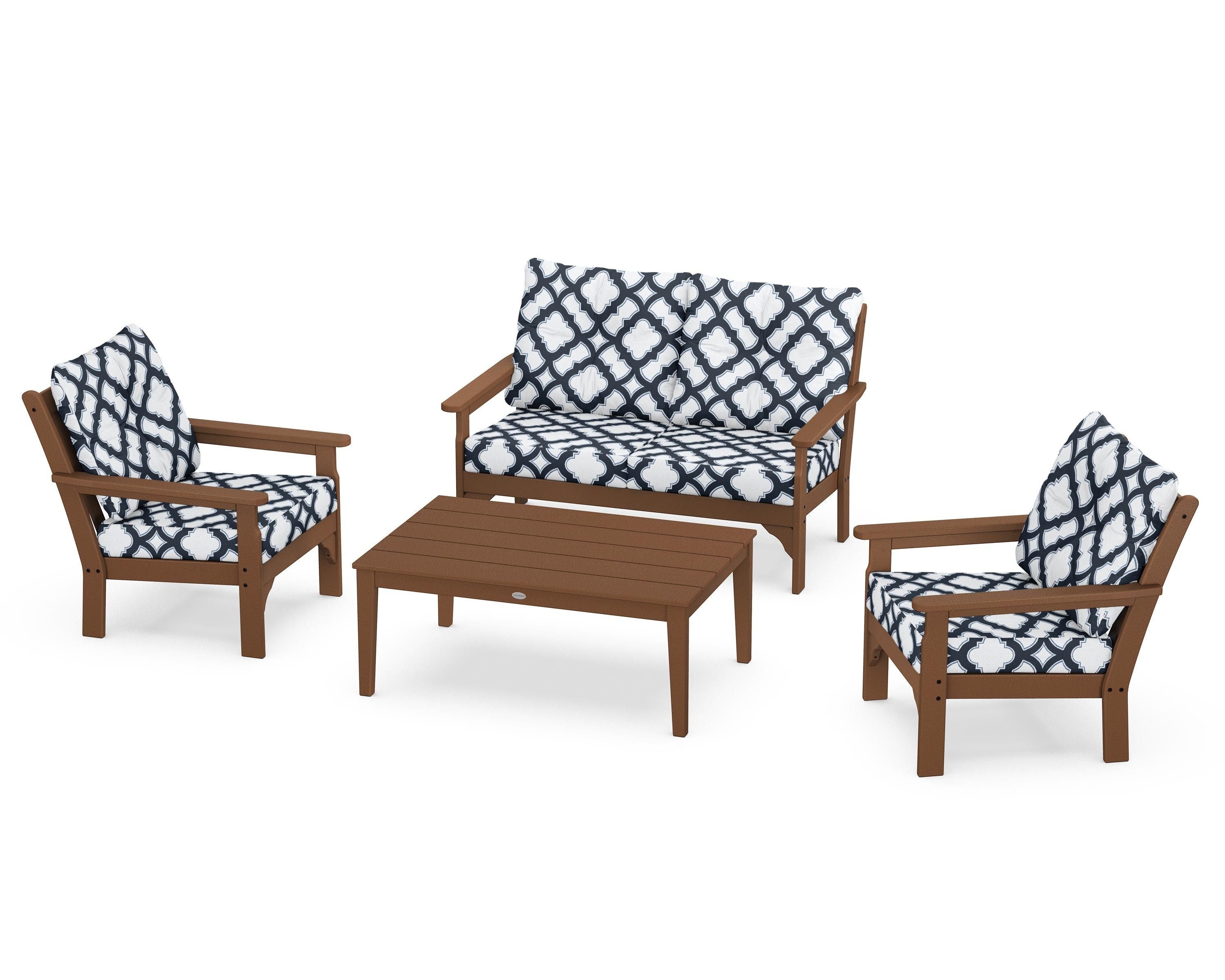 POLYWOOD® Vineyard 4-Piece Deep Seating Set in Teak / Trellis Marine Indigo