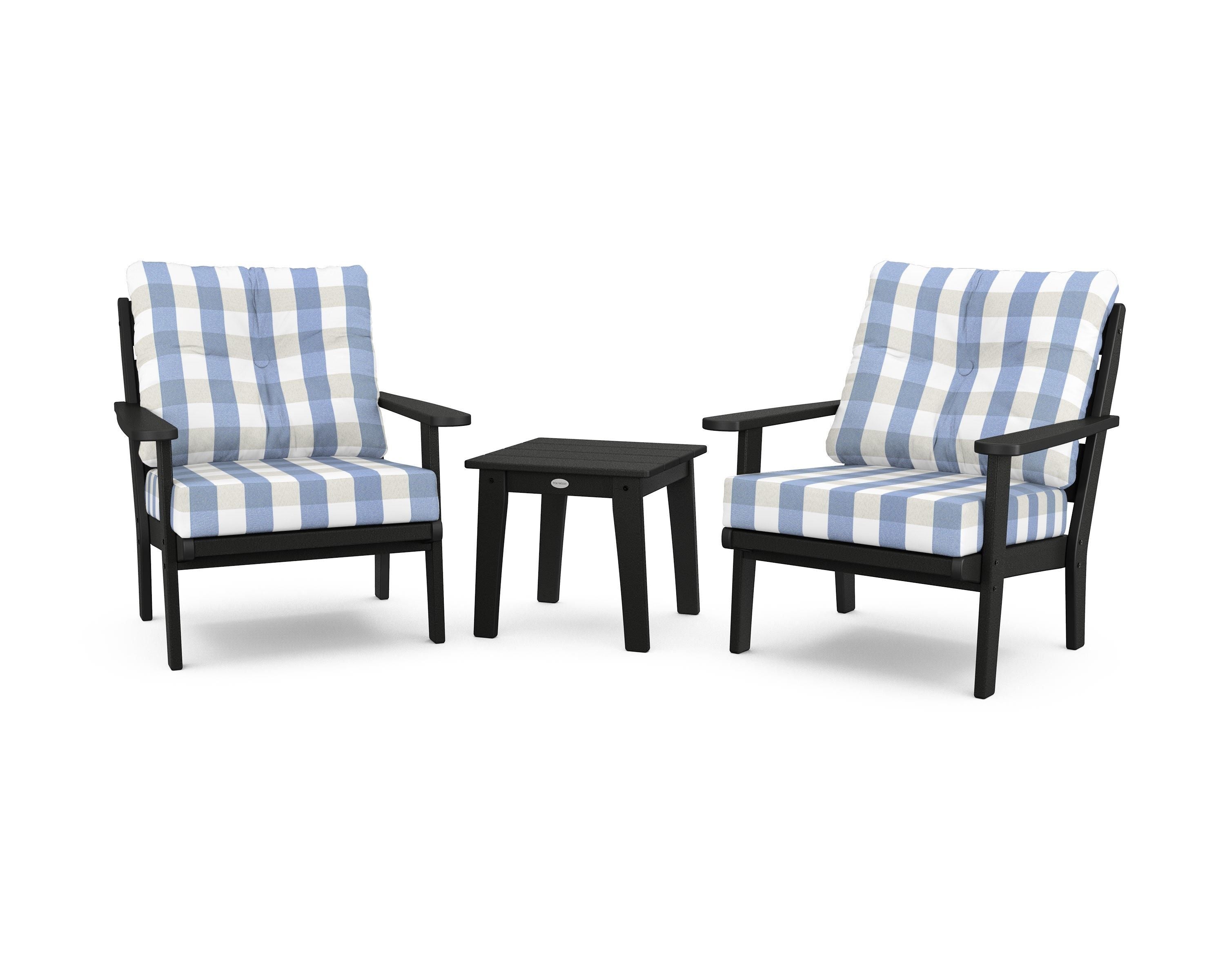 POLYWOOD® Lakeside 3-Piece Deep Seating Chair Set in Black / Buffalo Plaid Sky Blue