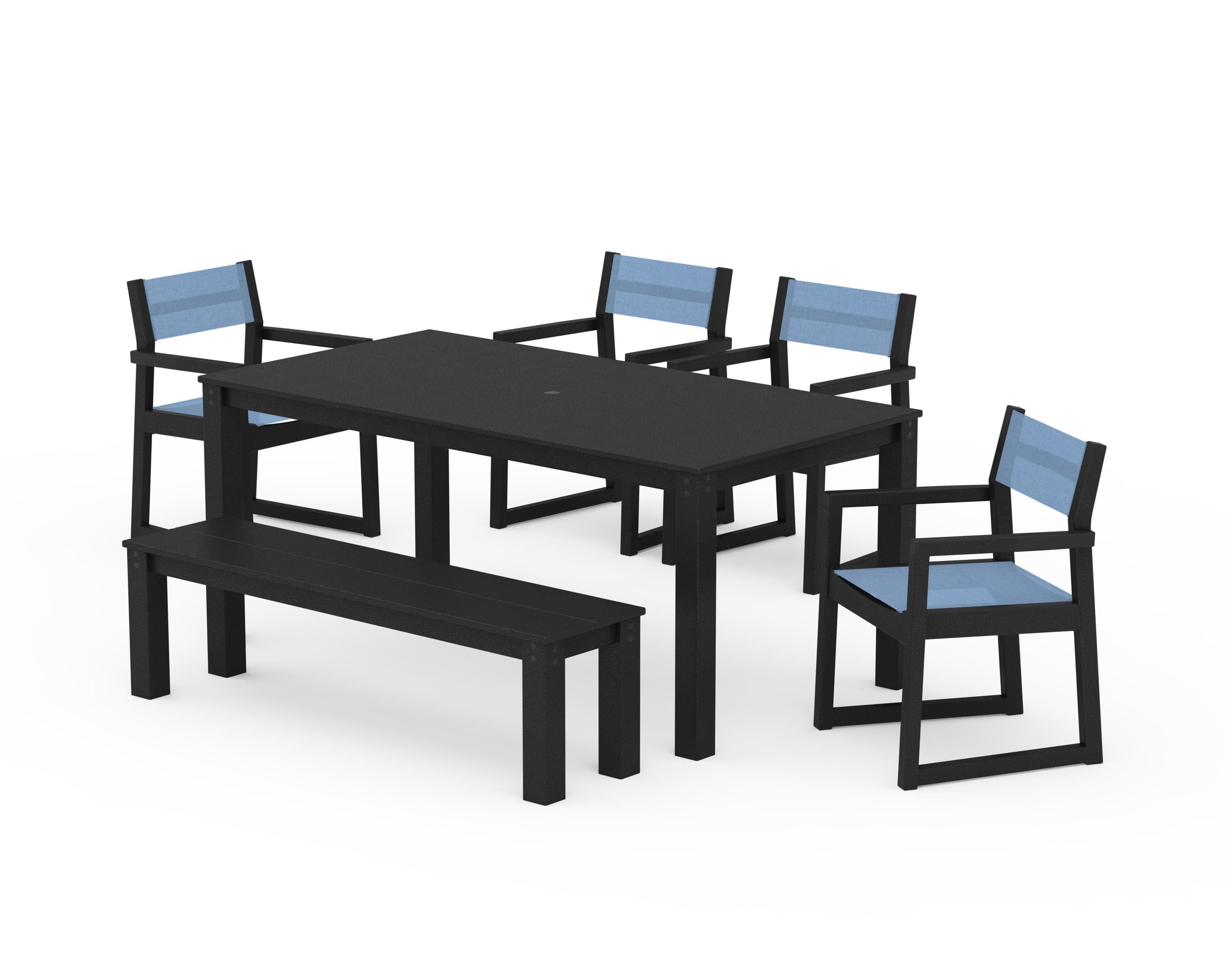 POLYWOOD® EDGE Sling Arm Chair 6-Piece Parsons Dining Set with Bench in Black / Poolside Sling
