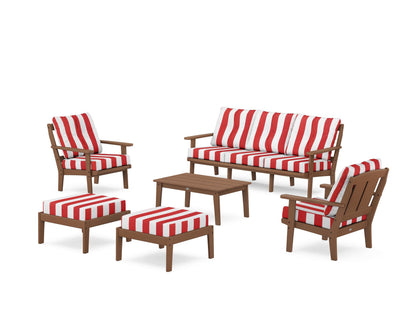 POLYWOOD® Mission 6-Piece Lounge Sofa Set in Teak / Cabana Stripe Crimson