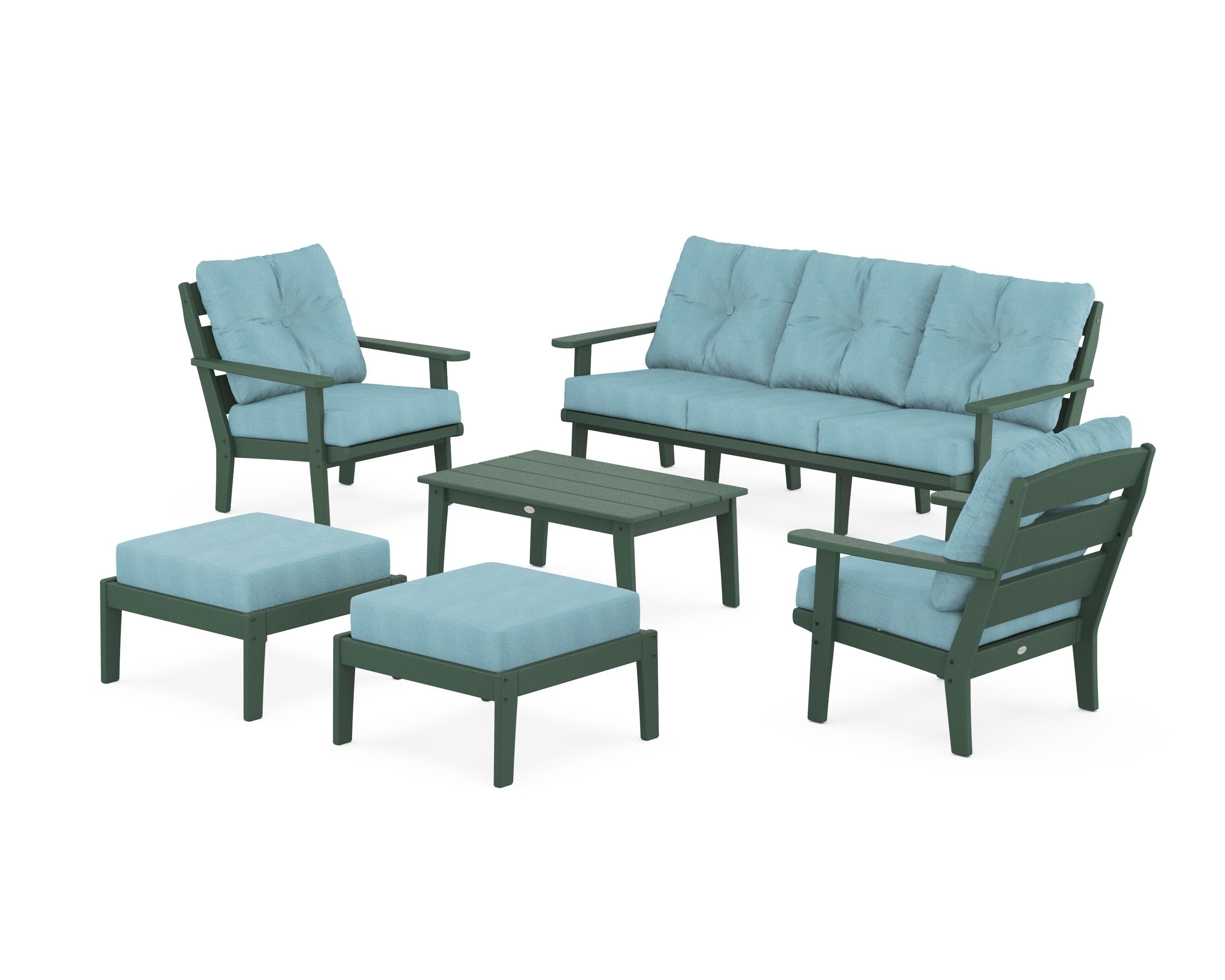 POLYWOOD® Lakeside 6-Piece Lounge Sofa Set in Green / Lattice Sky Blue