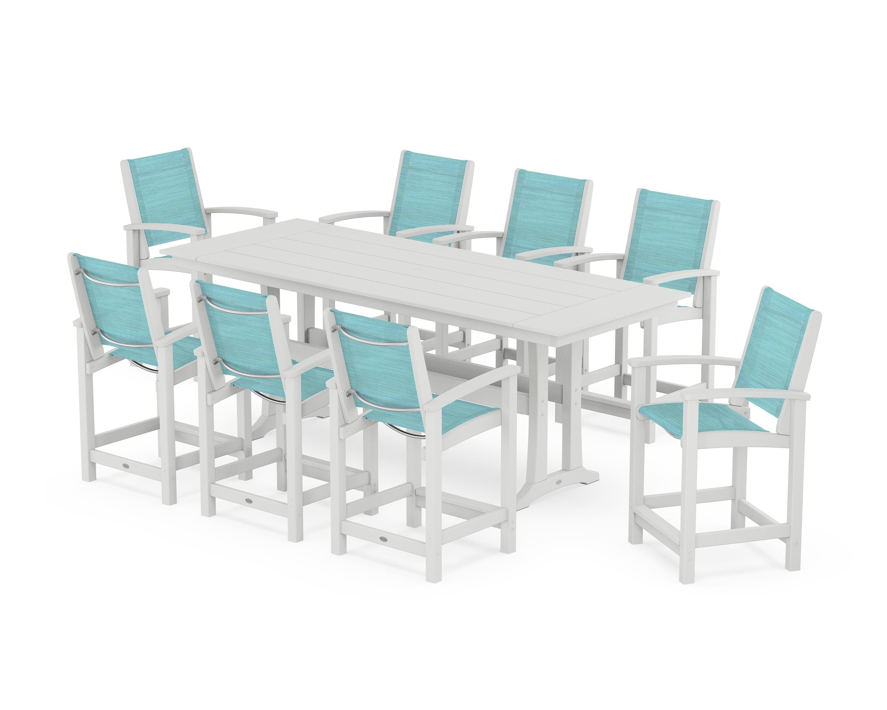 POLYWOOD® Coastal 9-Piece Farmhouse Counter Set with Trestle Legs in White / Dupioni Aquamarine Sling
