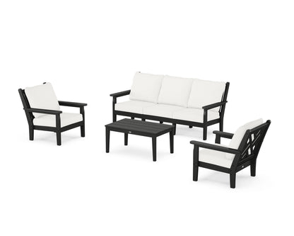 POLYWOOD® Chippendale 4-Piece Deep Seating Set with Sofa in Black / Natural Linen