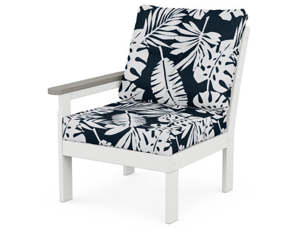 POLYWOOD® Vineyard Modular Left Arm Chair in White / Driftwood / Leaf Marine Indigo