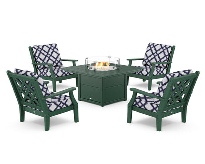 Country Living Wovendale 5-Piece Deep Seating Set with Fire Pit Table in Green / Trellis Navy