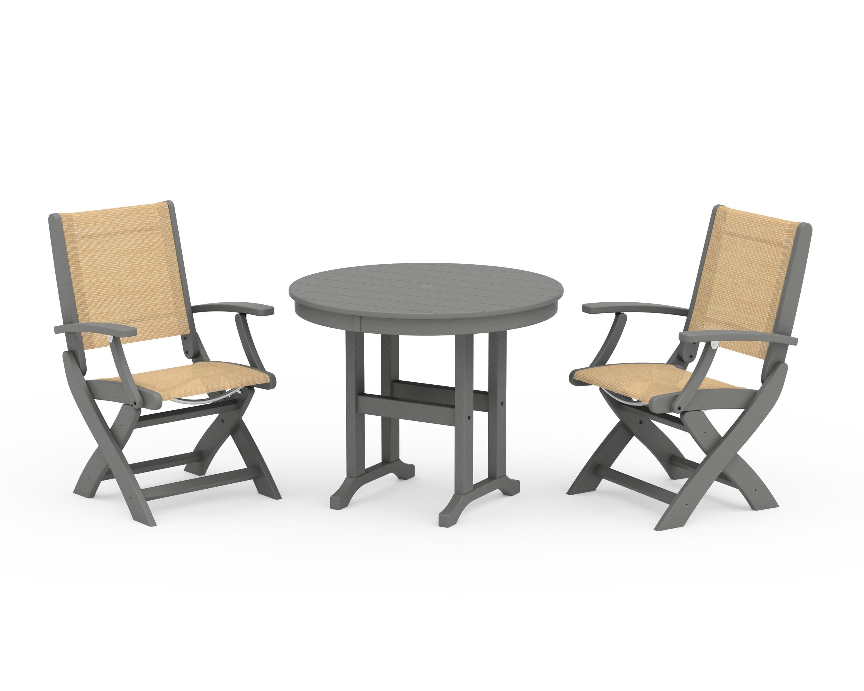 POLYWOOD® Coastal Folding Chair 3-Piece Round Dining Set in Slate Grey / Dupioni Apricot Sling