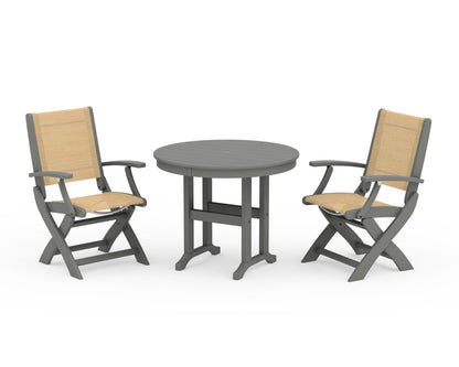 POLYWOOD® Coastal Folding Chair 3-Piece Round Dining Set in Slate Grey / Dupioni Apricot Sling
