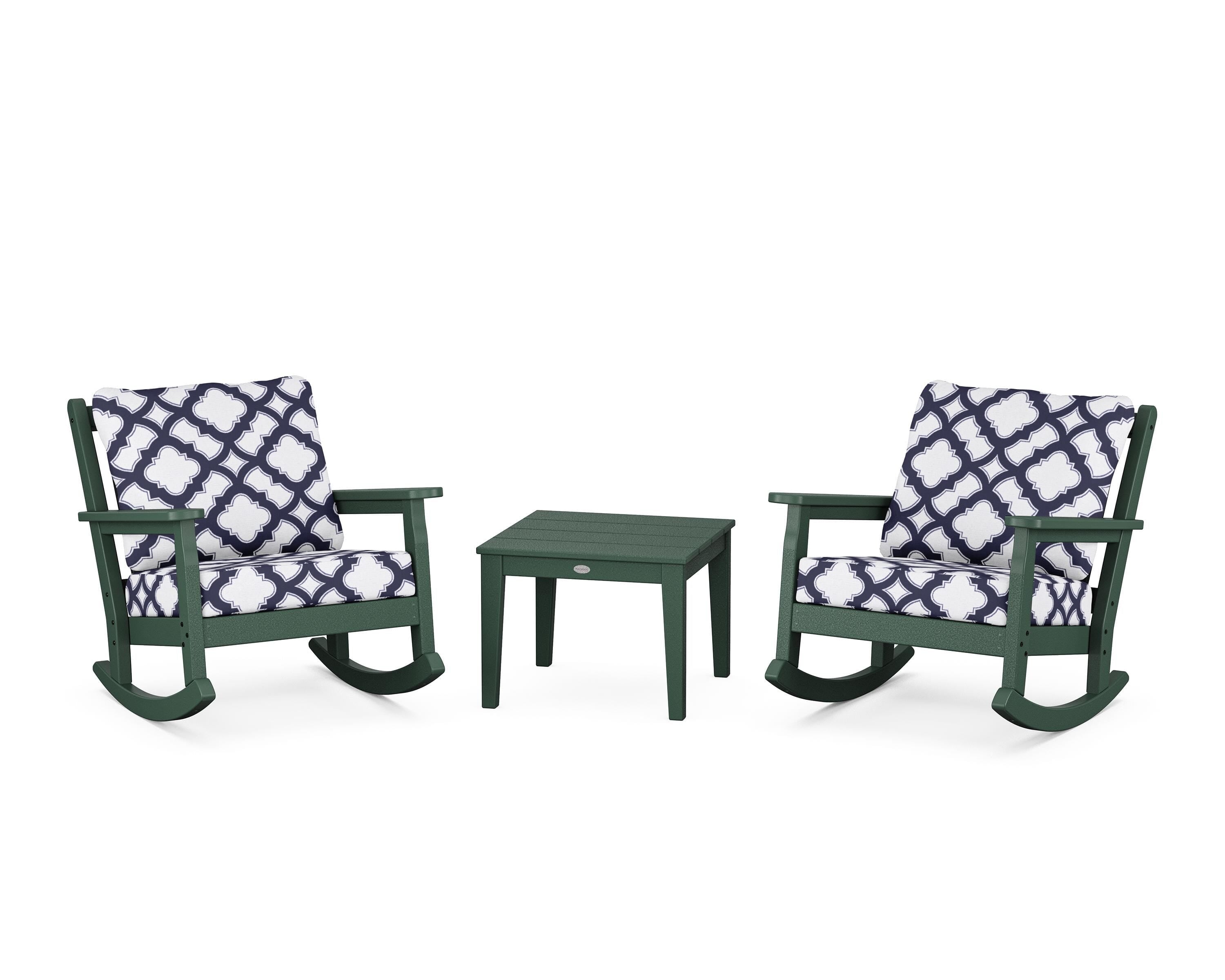 POLYWOOD® Chippendale 3-Piece Deep Seating Rocker Set in Green / Trellis Navy