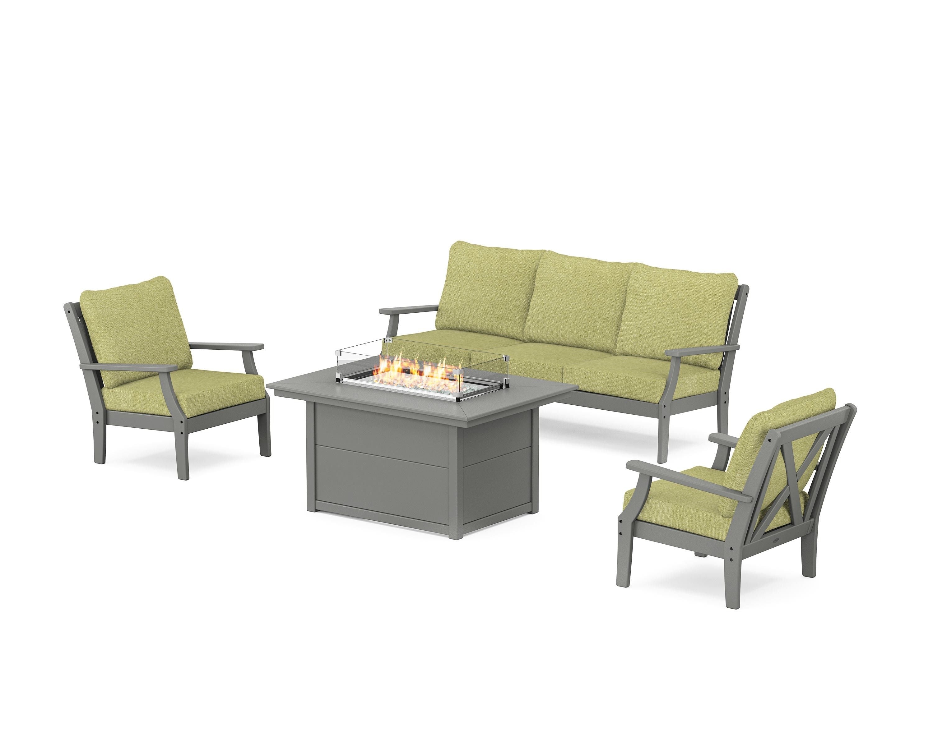 POLYWOOD® Braxton Deep Seating Fire Pit Table Set in Slate Grey / Chartreuse Boucle