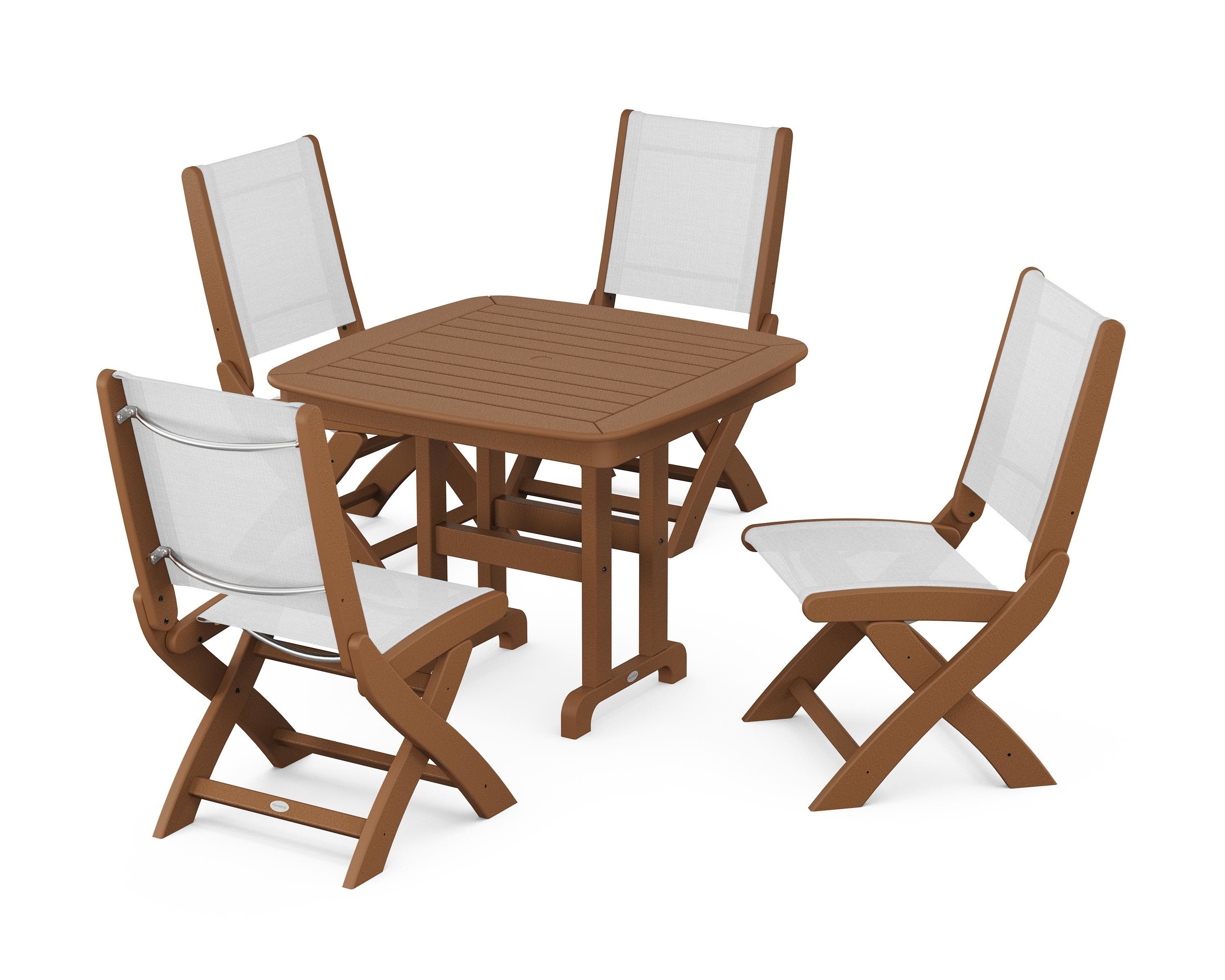 POLYWOOD® Coastal Folding Side Chair 5-Piece Dining Set in Teak / White Sling