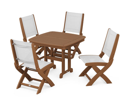 POLYWOOD® Coastal Folding Side Chair 5-Piece Dining Set in Teak / White Sling
