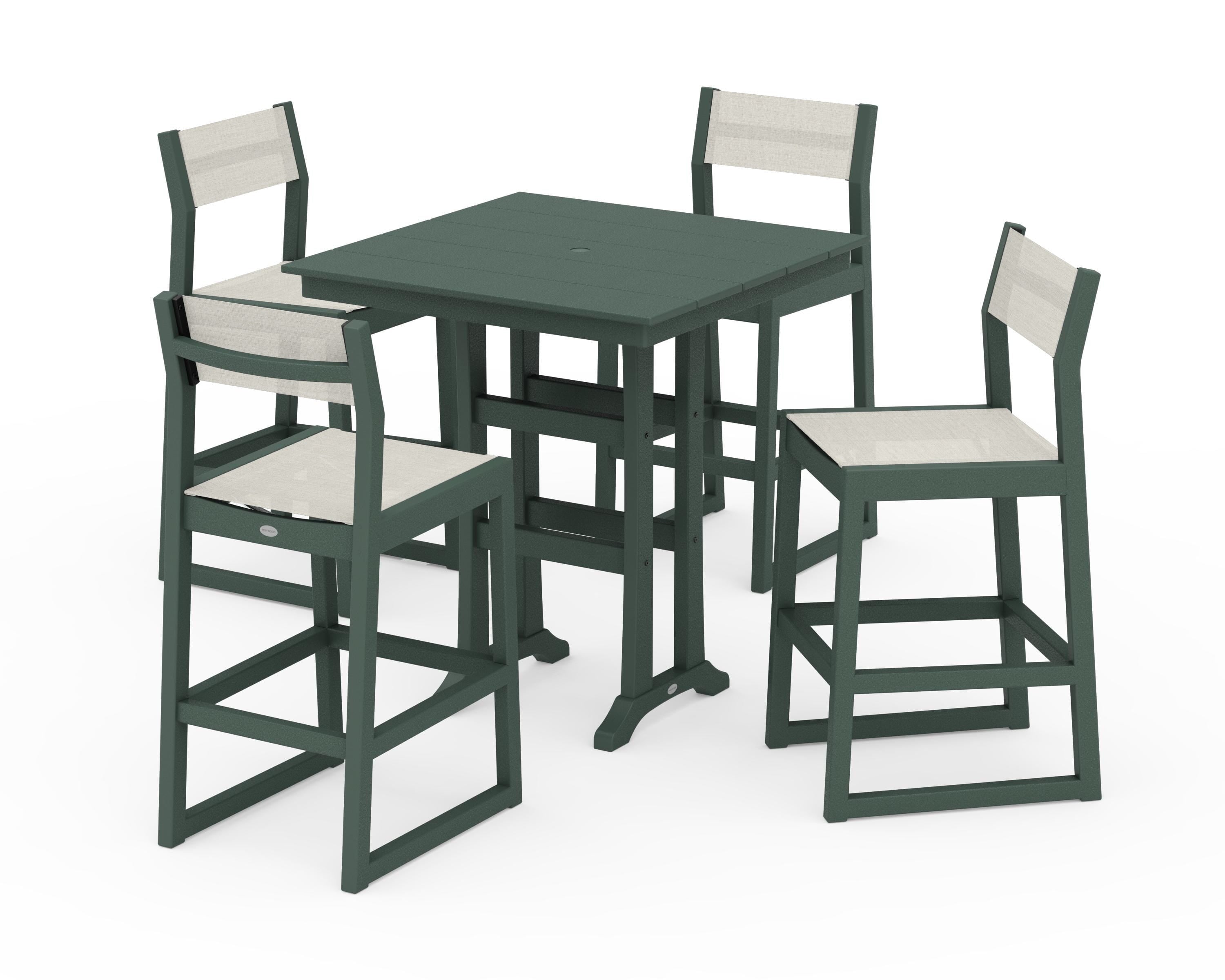 POLYWOOD® EDGE Sling Arm Chair 5-Piece Farmhouse Bar Set with Trestle Legs in Green / Parchment Sling