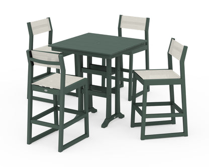 POLYWOOD® EDGE Sling Arm Chair 5-Piece Farmhouse Bar Set with Trestle Legs in Green / Parchment Sling