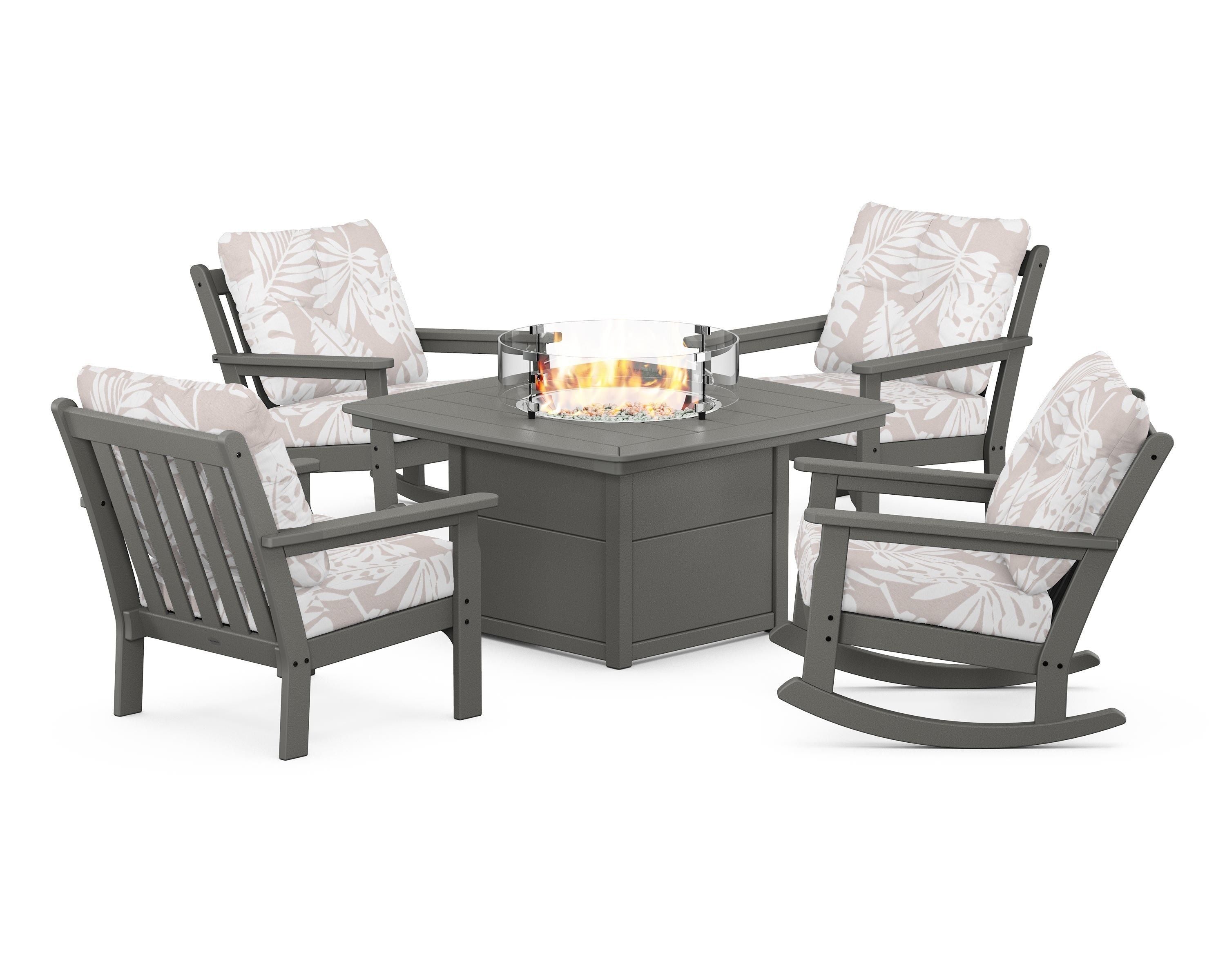 POLYWOOD® Vineyard 5-Piece Deep Seating Rocking Chair Conversation Set with Fire Pit Table in Slate Grey / Leaf Dune Burlap