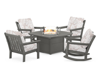 POLYWOOD® Vineyard 5-Piece Deep Seating Rocking Chair Conversation Set with Fire Pit Table in Slate Grey / Leaf Dune Burlap