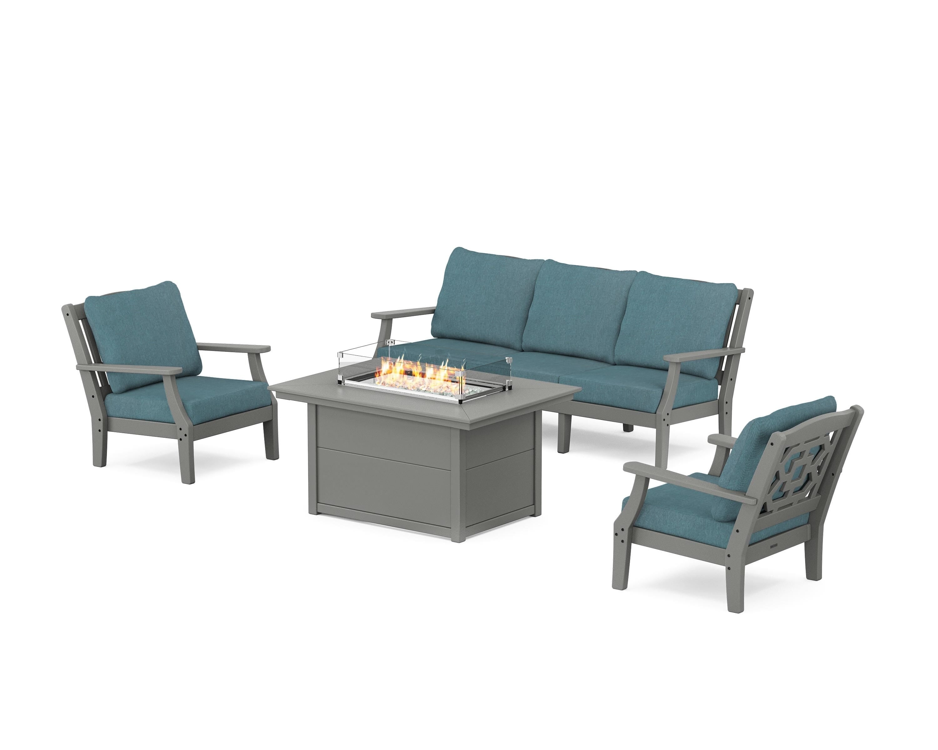 Martha Stewart by POLYWOOD® Chinoiserie Deep Seating Fire Pit Table Set in Slate Grey / Ocean Teal