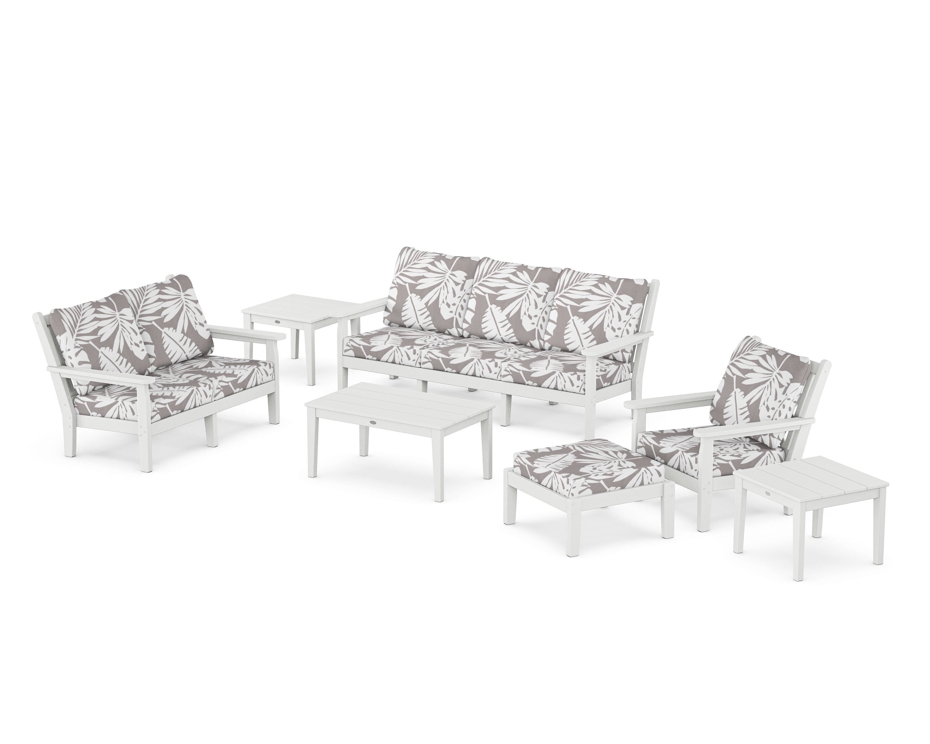 POLYWOOD® Chippendale 7-Piece Deep Seating Set in White / Leaf Grey Mist