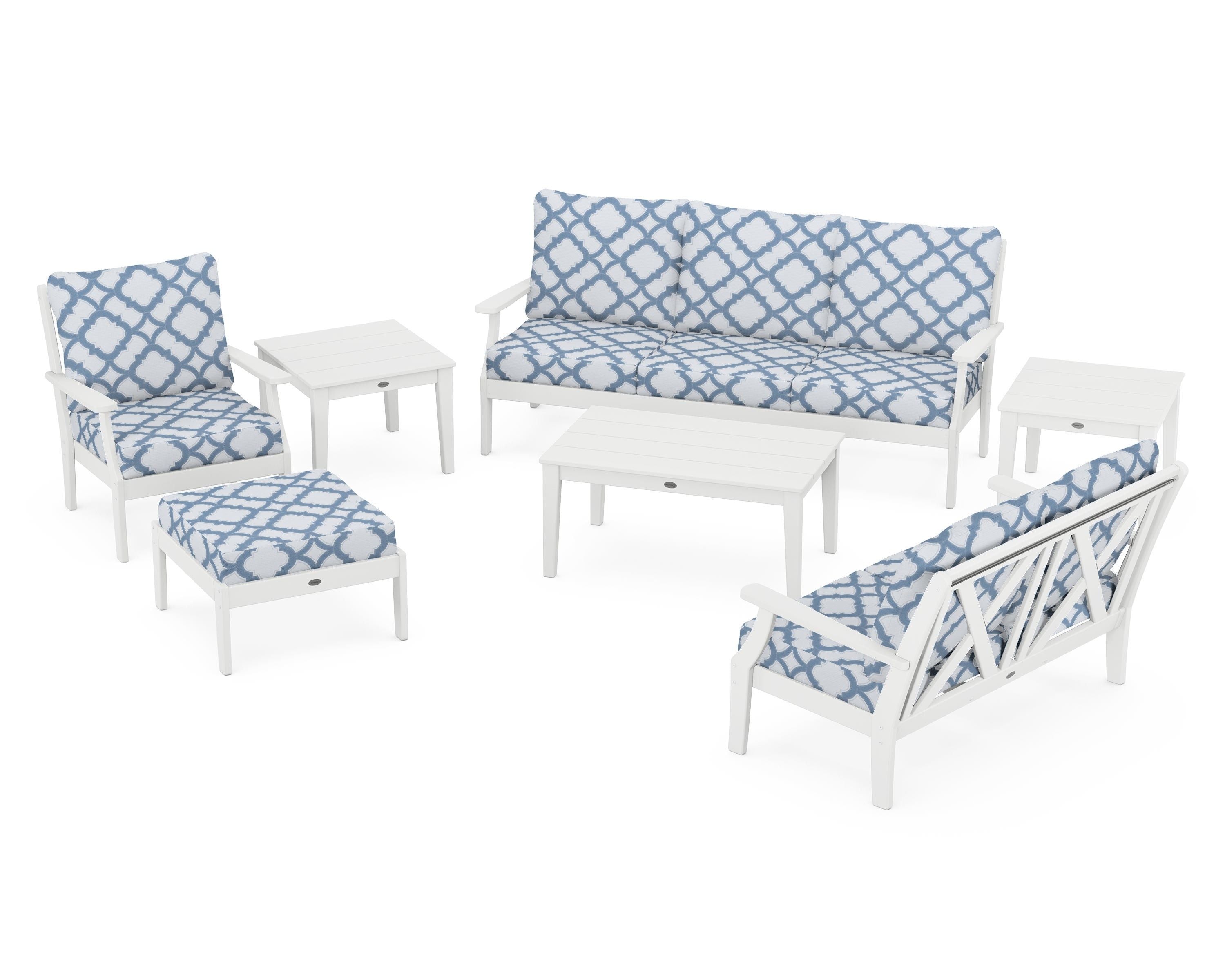 POLYWOOD® Braxton 7-Piece Deep Seating Set in White / Trellis Sky Blue